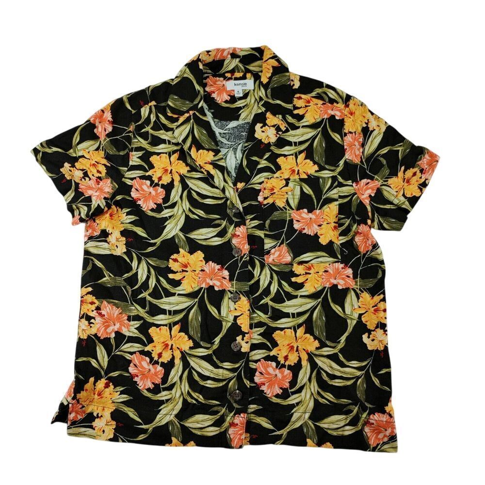 Kensie Tropical Floral‎ Hawaiian  Shirt Black Orange Yellow Short Sleeve Size S